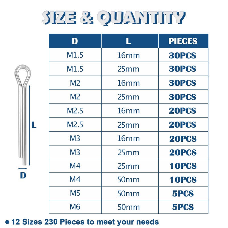Tugermoola 230PCS 12 Sizes Cotter Pins Assortment Kit 304 Stainless Steel Split Pin Fastener Clips OLA001 - Image 2
